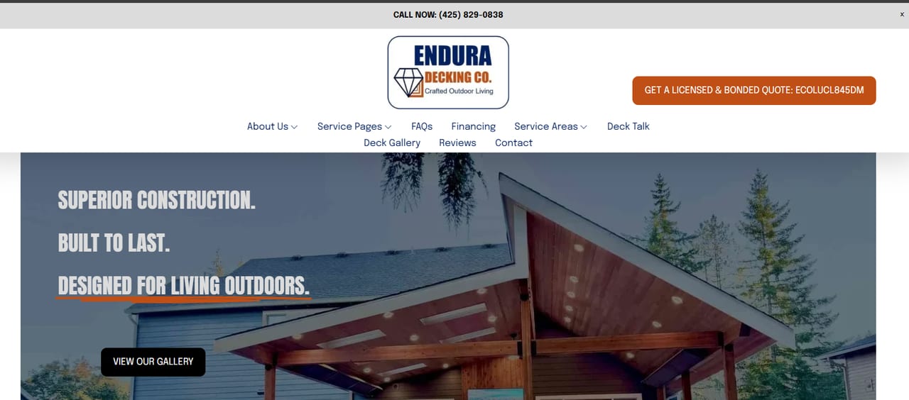 Endura Decking Co, a composite and PVC deck specialist on Seattle's Eastside, homepage
