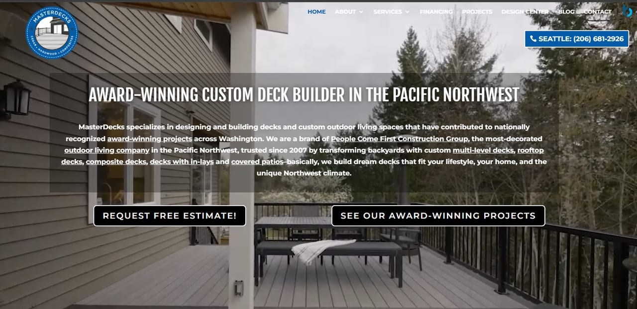 MasterDecks, an award-winning Seattle-area deck builder, homepage