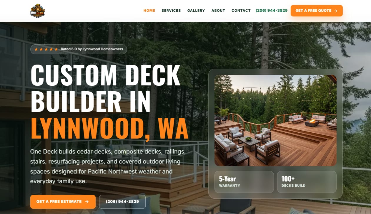 One Deck LLC, a Lynnwood and Snohomish County deck builder, homepage
