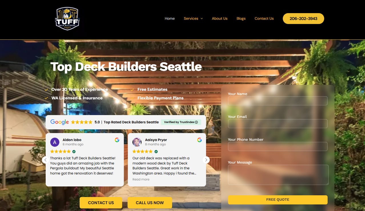 Tuff Deck Builders Seattle, a custom deck contractor serving Seattle neighborhoods, homepage