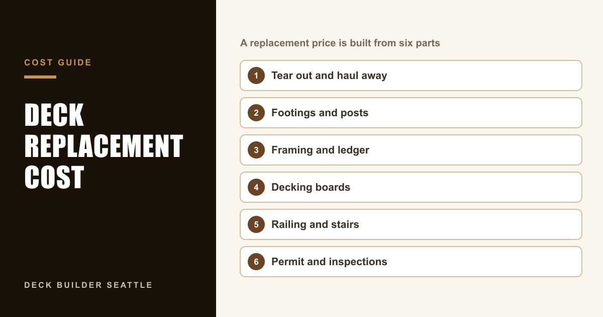 Deck replacement cost graphic listing the six parts of the price: tear-out, footings and posts, framing and ledger, decking, railing and stairs, permit
