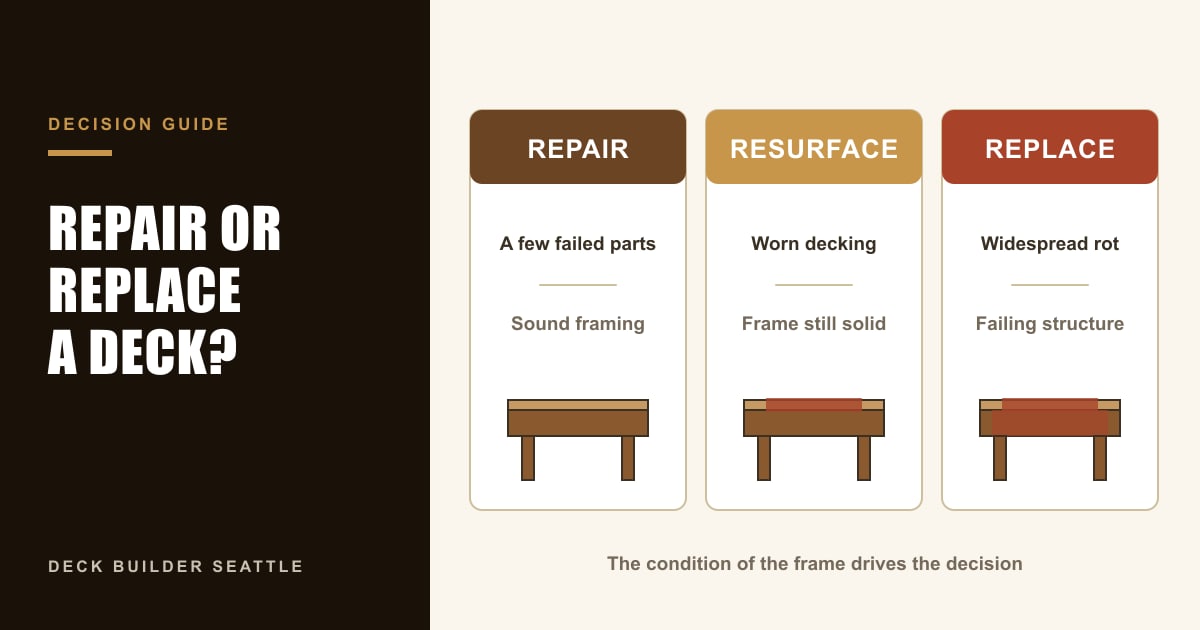 Repair or replace deck decision graphic comparing repair, resurfacing, and full replacement by frame condition