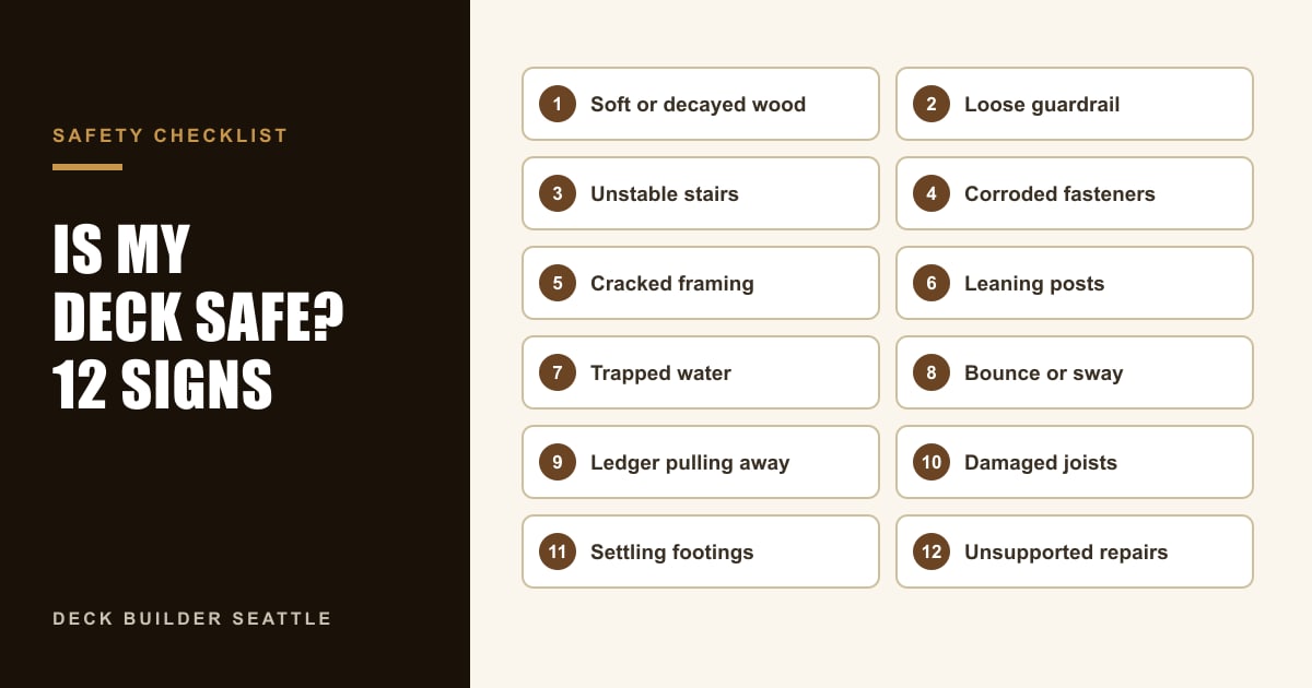 Deck safety checklist graphic listing 12 signs a deck is unsafe, from soft wood and loose guardrails to settling footings