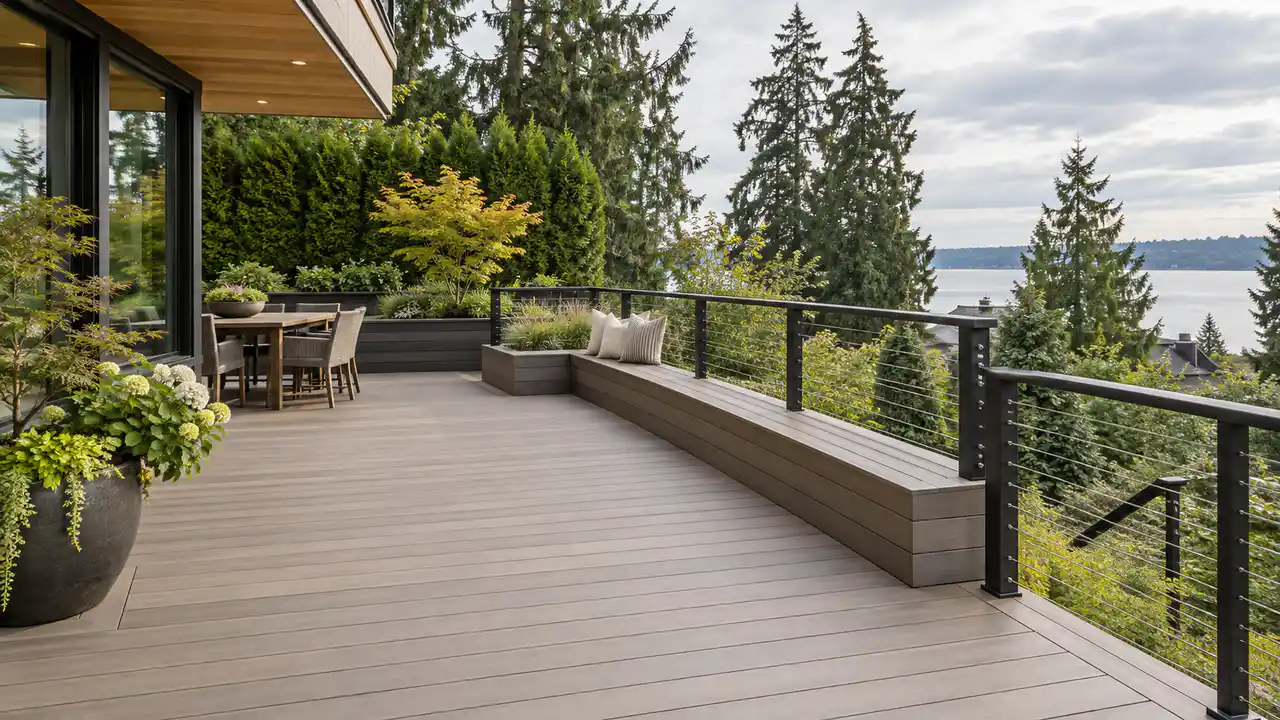 Finished composite deck rebuild with cable railing in Madison Park