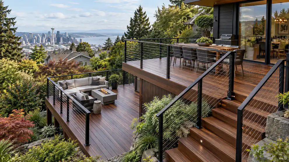 Multi-level IPE hardwood deck with stairs on a Queen Anne hillside