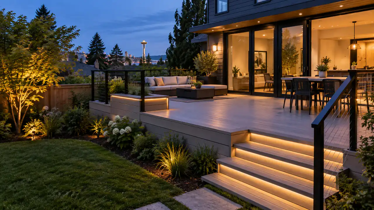 Premium composite deck with illuminated stairs at a Fremont home