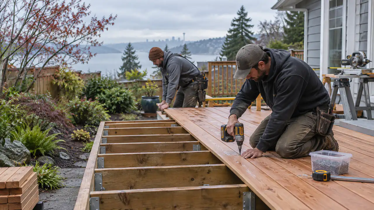 Deck builders repairing framing and resurfacing a West Seattle deck