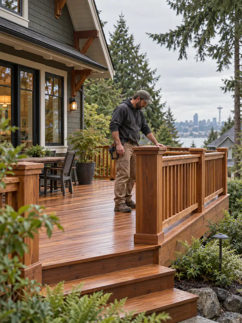 Seattle deck builder inspecting a finished Western red cedar deck