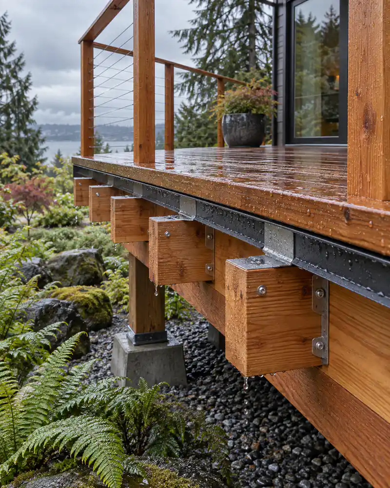 Repaired Seattle deck framing with moisture protection and drainage details after rain