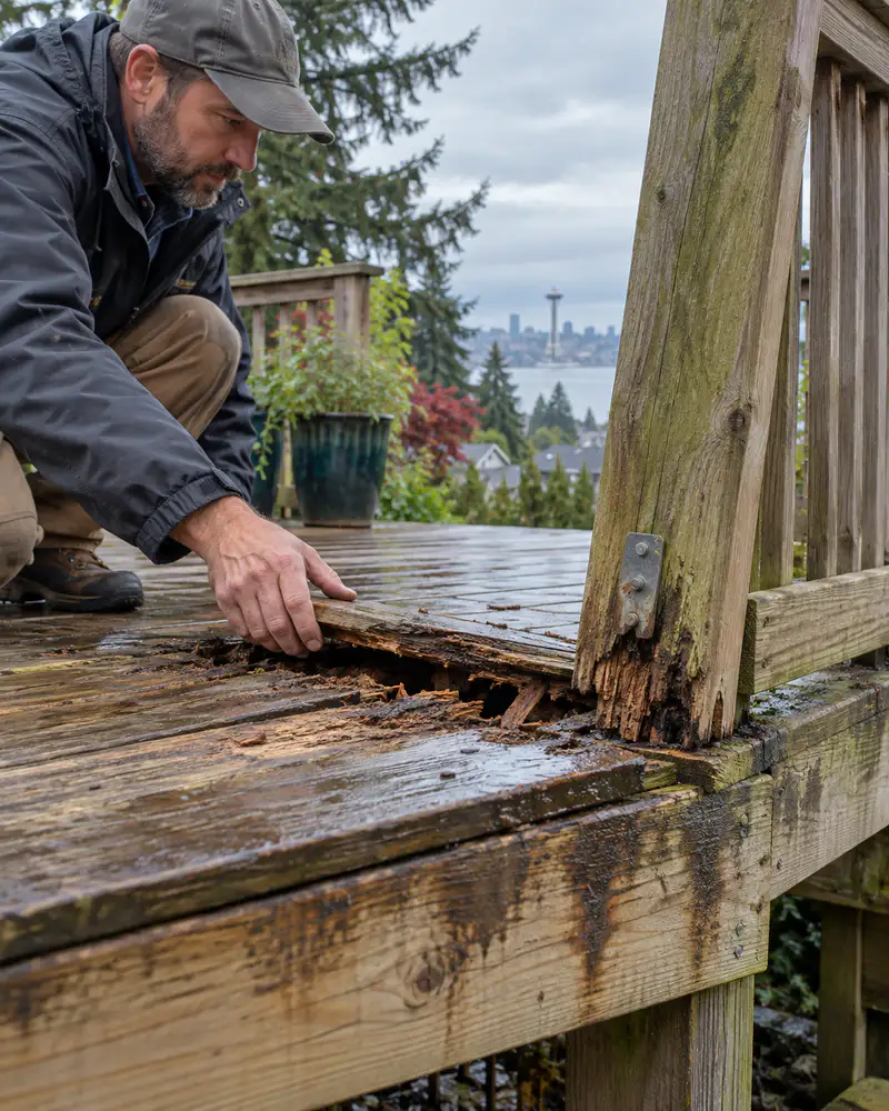 Deck contractor inspecting severe wood rot beneath a loose cedar deck board in Seattle