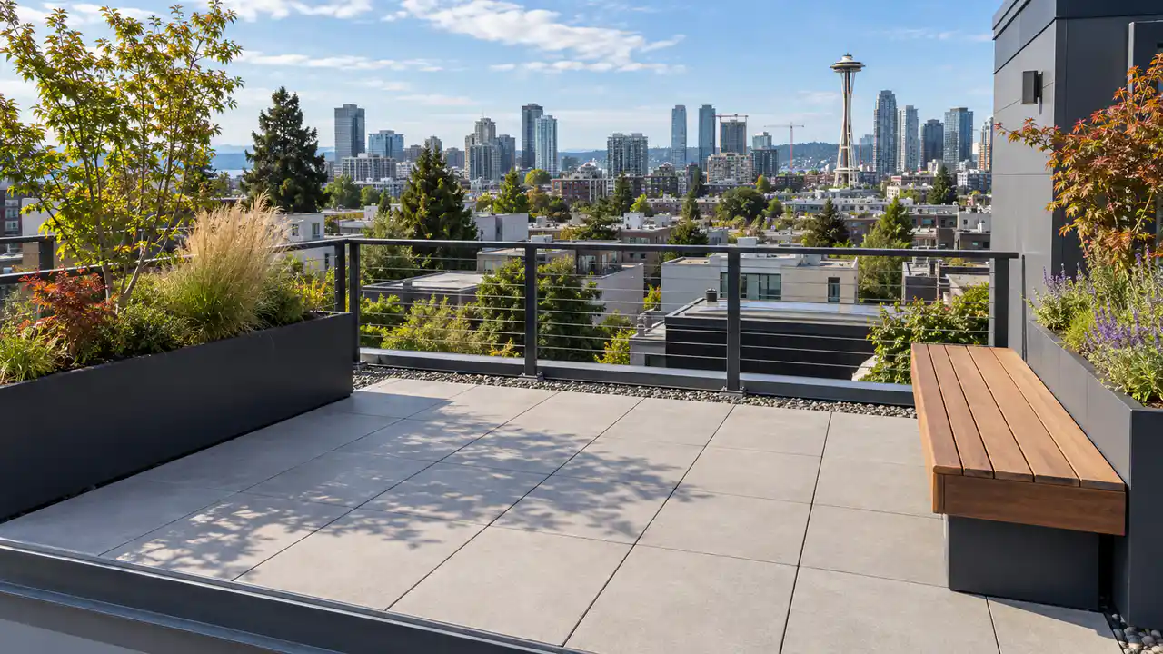 Repaired pedestal-paver rooftop deck on a Capitol Hill townhouse