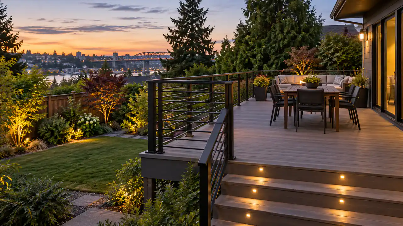 Secured black railing and repaired stair lighting on a Fremont deck