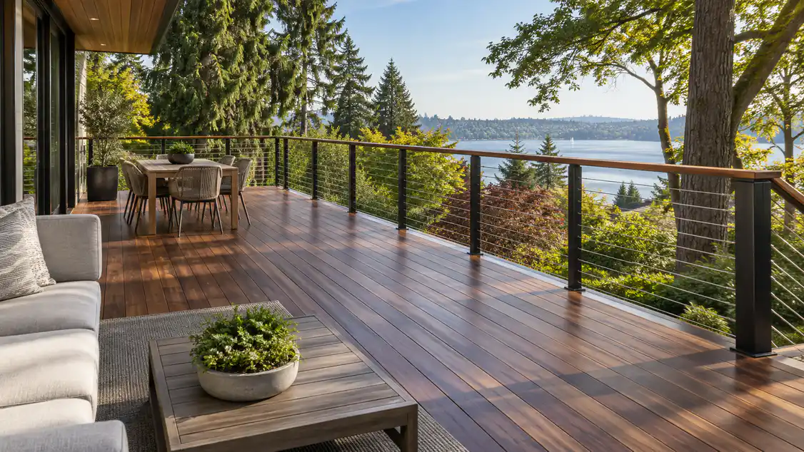 Repaired IPE hardwood deck with cable railing in Madison Park