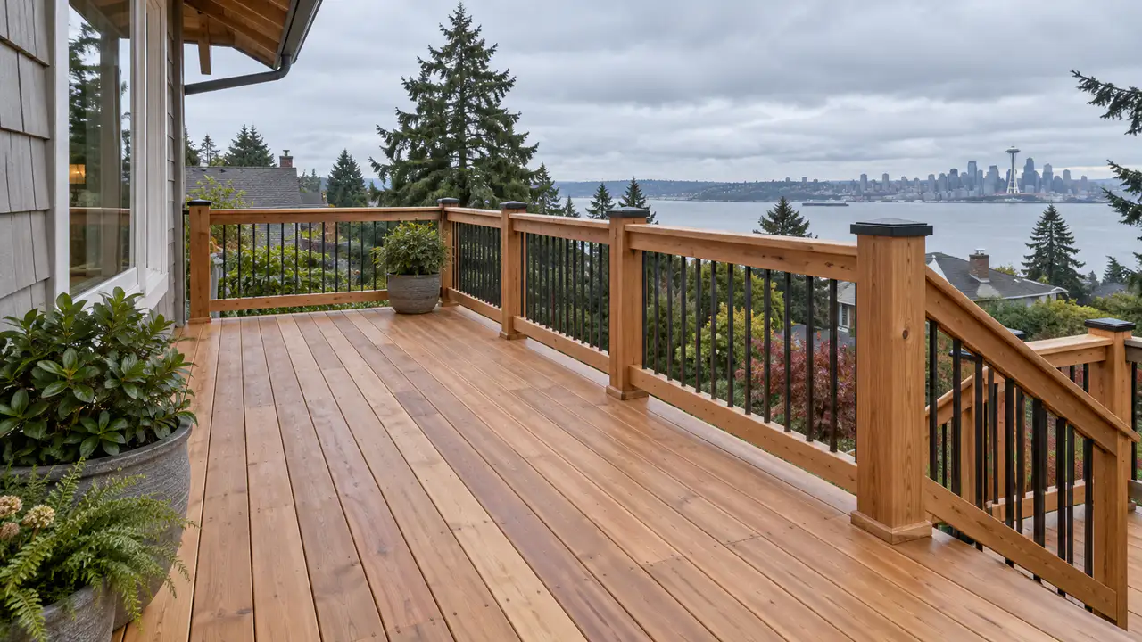 Completed cedar board and railing repair at a Magnolia Seattle home