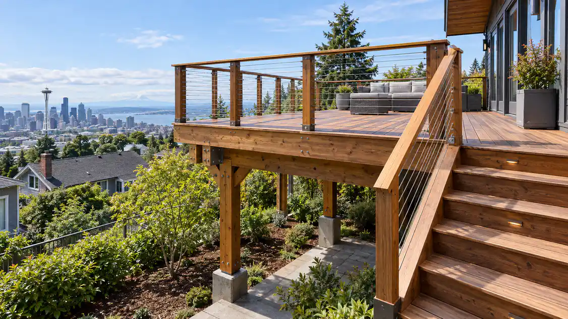 Reinforced hillside deck framing and rebuilt stairs in Queen Anne
