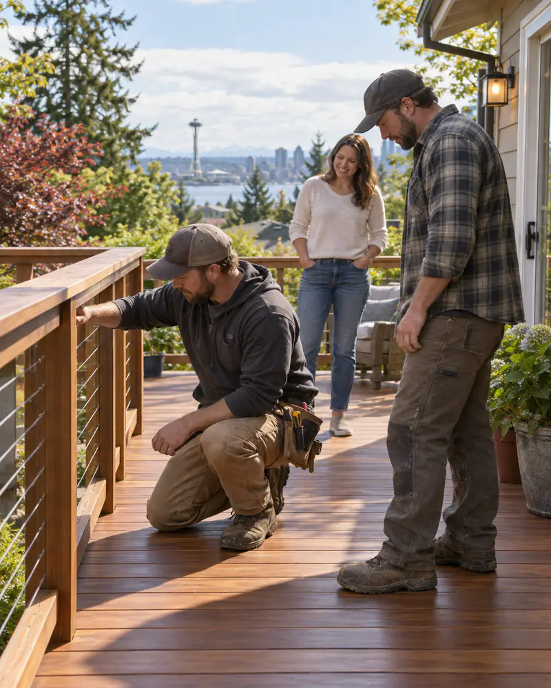 Seattle deck repair crew reviewing a completed railing and board repair with a homeowner