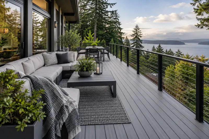 Finished gray composite deck with hidden fasteners and black railing