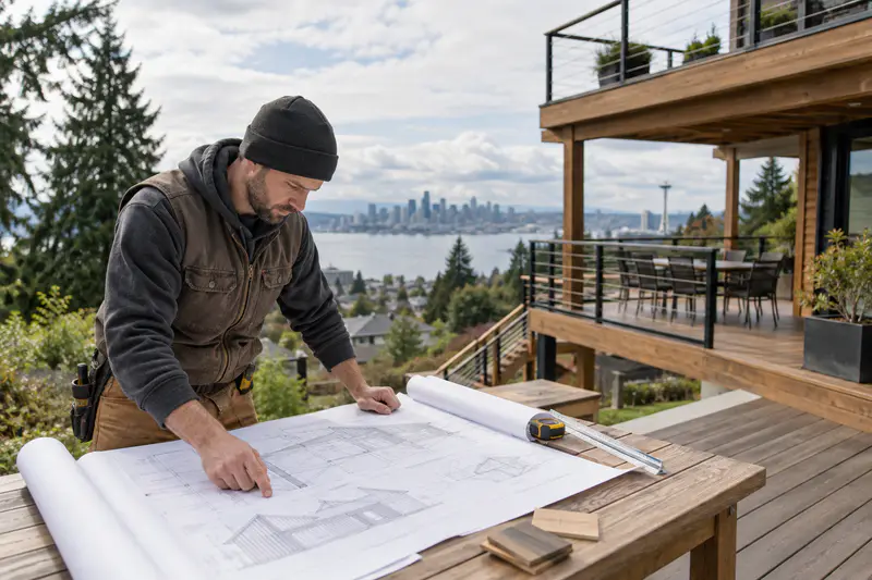 Deck designer reviewing construction plans for a custom Seattle deck