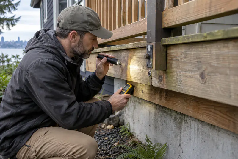 Deck inspector examining a deck ledger and railing connection