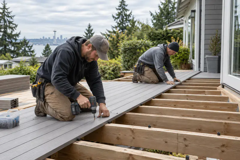 Seattle deck builders installing new composite deck boards over engineered framing