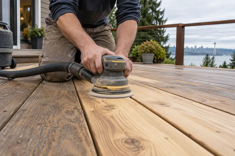 Professional refinishing cedar deck boards with an orbital sander