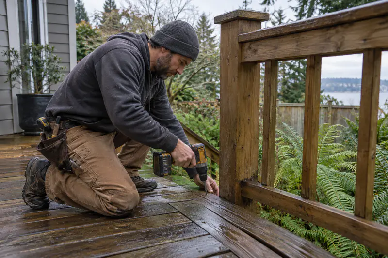 Deck contractor repairing a damaged deck board and loose railing in Seattle