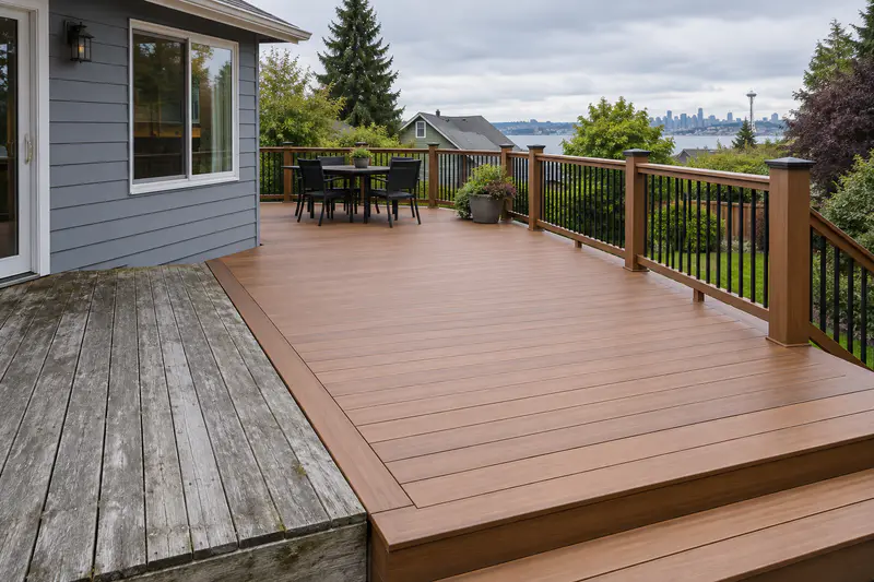 Weathered deck beside a newly completed composite deck replacement in Seattle