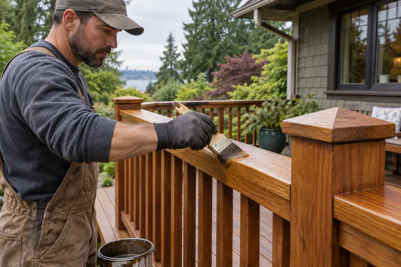 Deck contractor restoring a Western red cedar deck in a Seattle garden