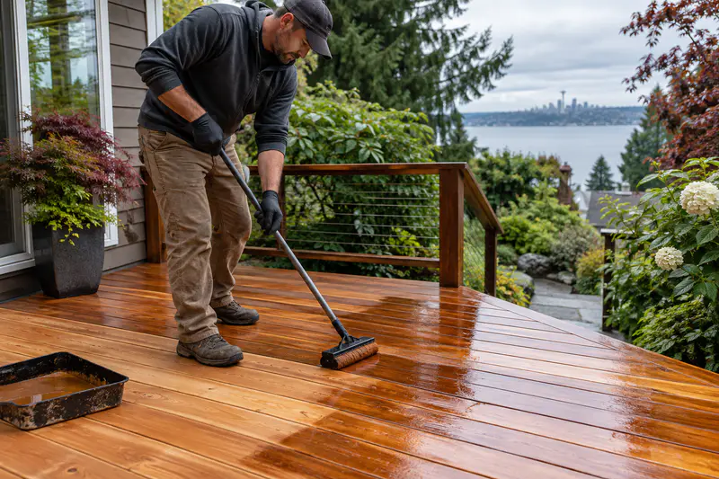 Contractor applying protective stain to a Western red cedar deck