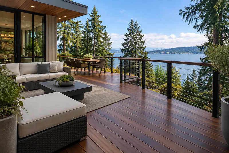 Luxury IPE hardwood deck with cable railing and lake view