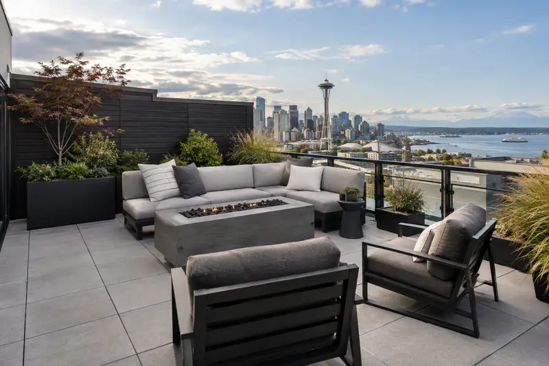 Completed rooftop deck with pedestal pavers in Seattle