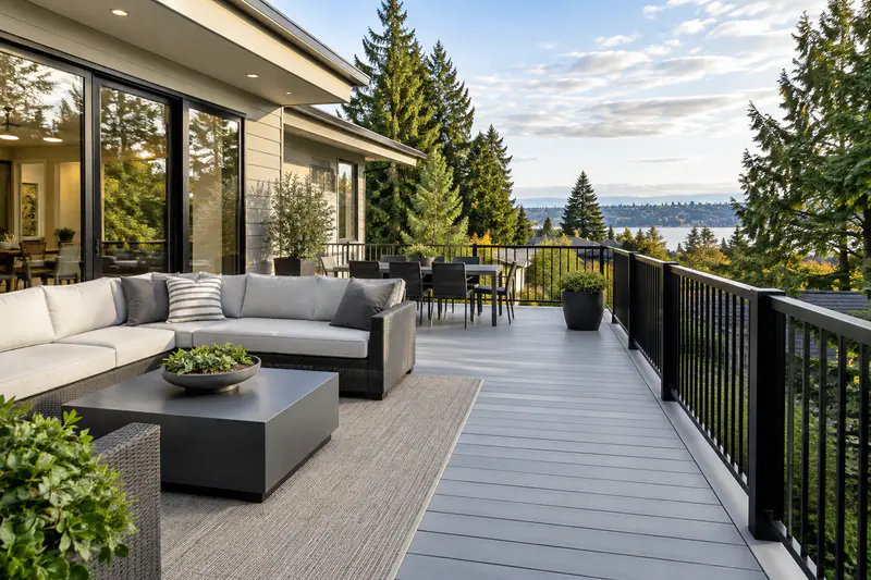 Low-maintenance light-gray composite deck with black aluminum railing