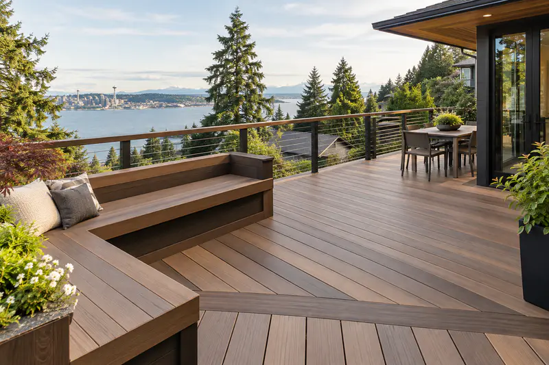 Premium capped composite deck with built-in bench and cable railing